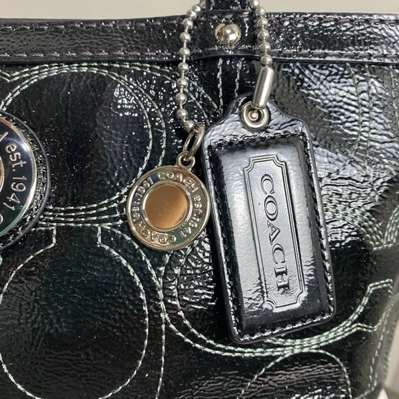 Coach Signature Stitch Patent Leather Tote Shoulder Bag Black White - Picture 7 of 14